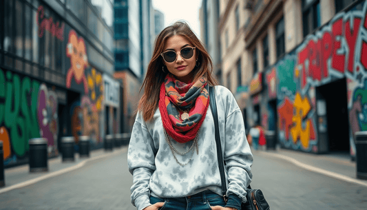 Female model in a street wearing a zenana acid wash sweatshirt and accessories