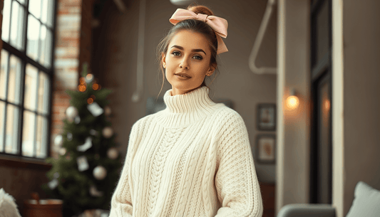 Woman wearing a white sweater with pink bow