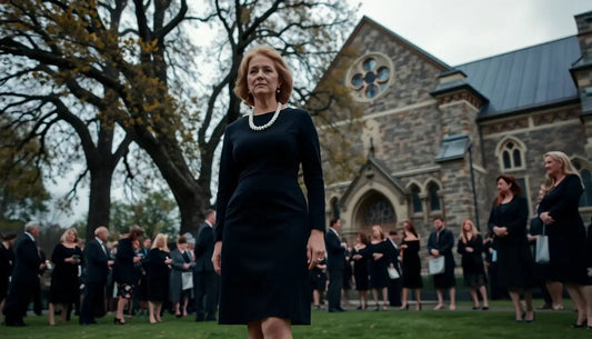 Middle aged woman wearing a modest dress for a funeral