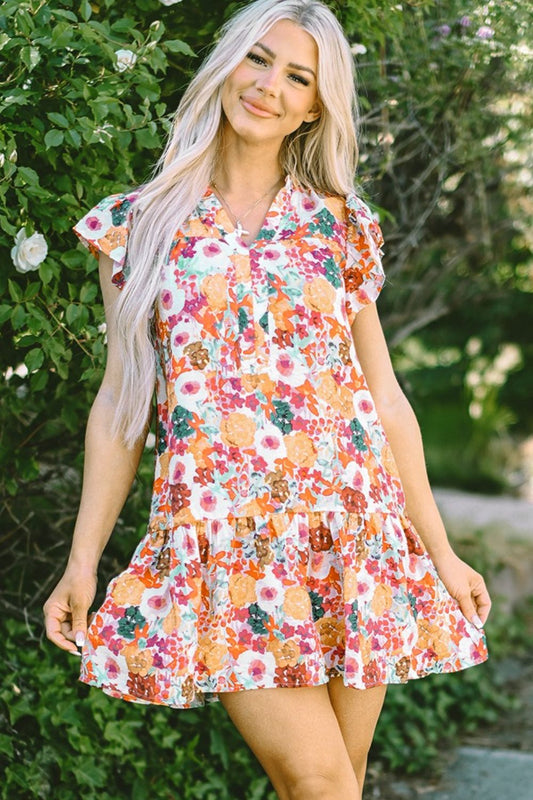 Ruffled Printed Cap Sleeve Mini Dress