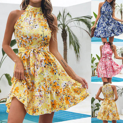 Flowers Print Halter Neck Dress Summer Fashion Temperament Lace-up Ruffled Dress