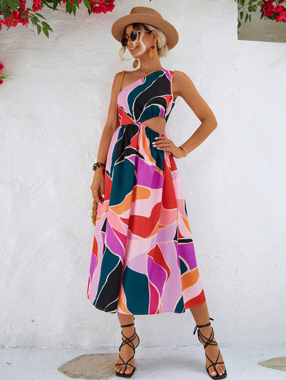 Printed Cutout One-Shoulder Sleeveless Dress