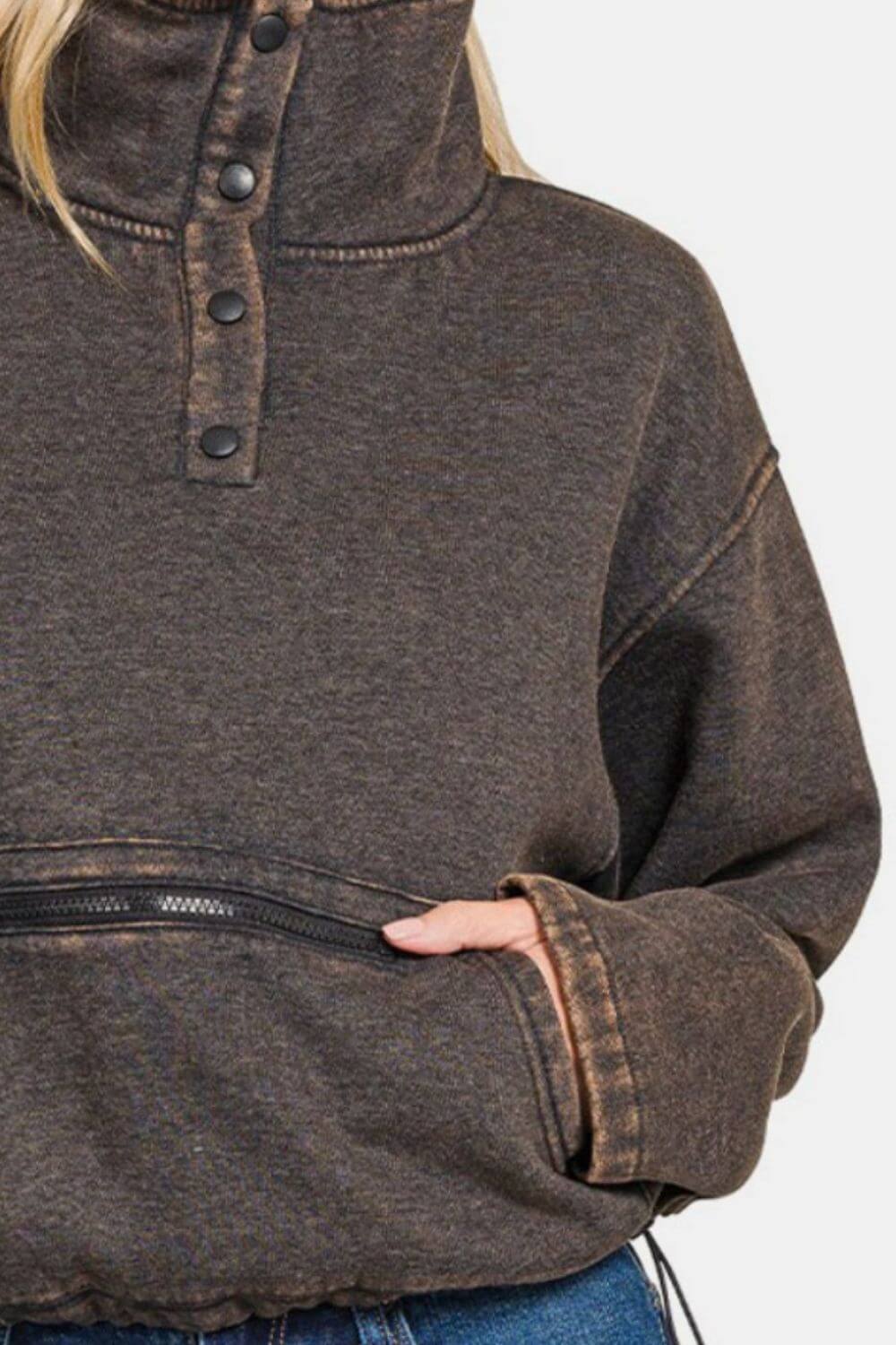 Close-up image of Ash Black Zenana Acid Wash Sweatshirt With Pockets Fleece Half Snap