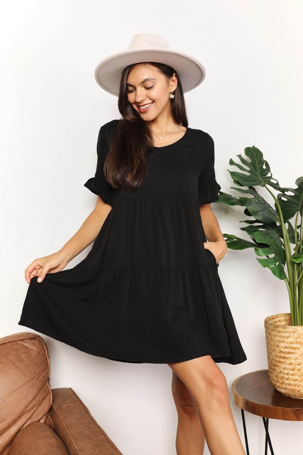 Female model wearing Black V-Neck Tiered Dress Flounce Sleeve