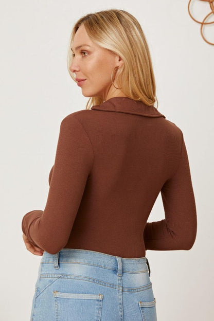 Female model wearing Brown V-Neck Long Sleeve Bodysuit