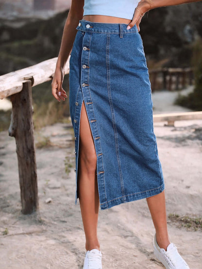 Female model wearing Button Down Denim Skirt French Blue