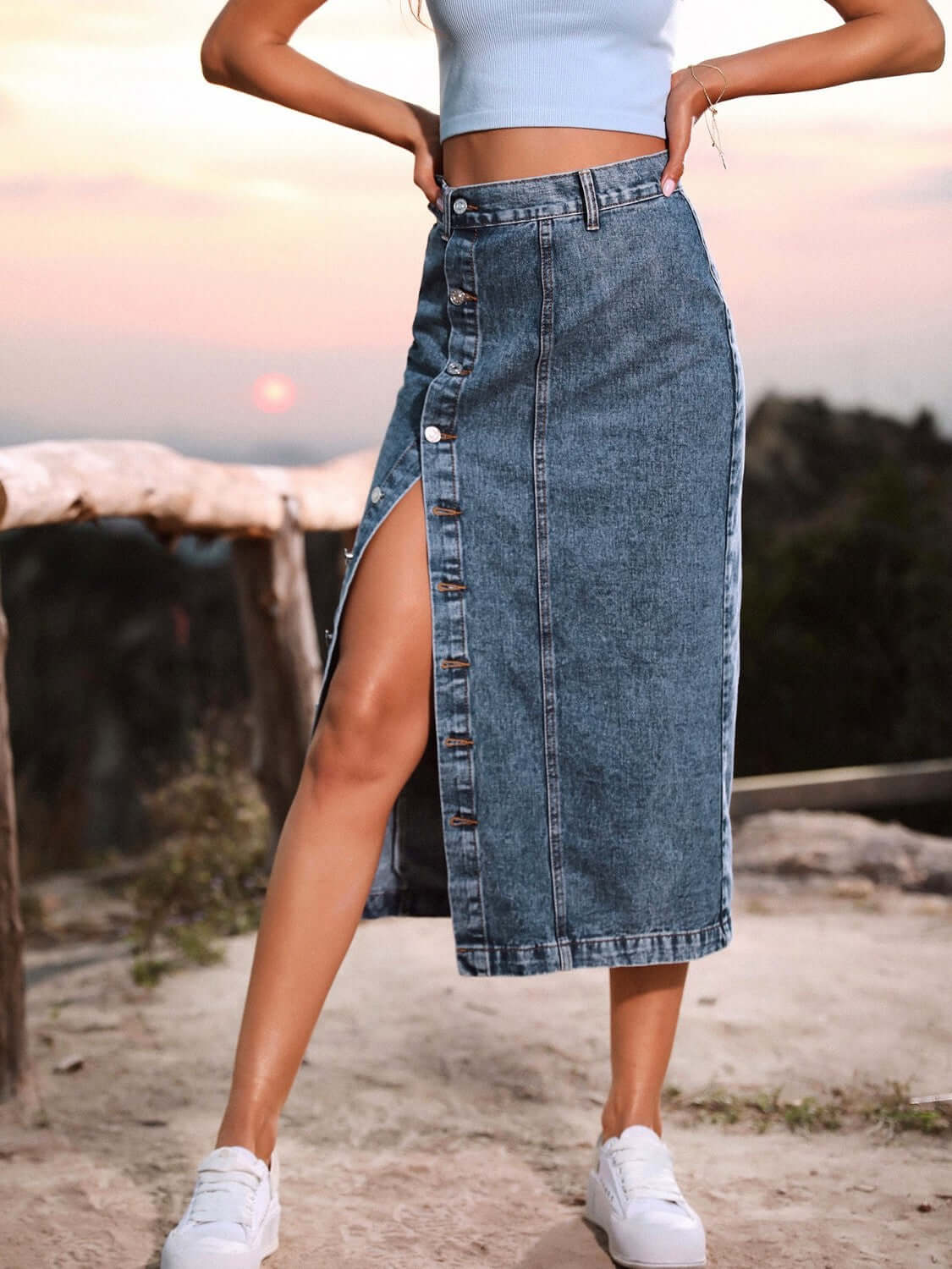 Female model wearing Button Down Denim Skirt Navy