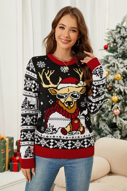 Female model posing in a Christmassy background wearing a Christmas Sweater Reindeer