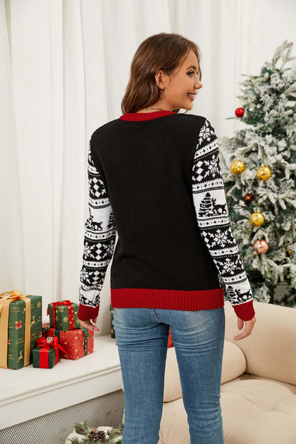 Female model facing backwards wearing a Christmas Sweater Reindeer Black