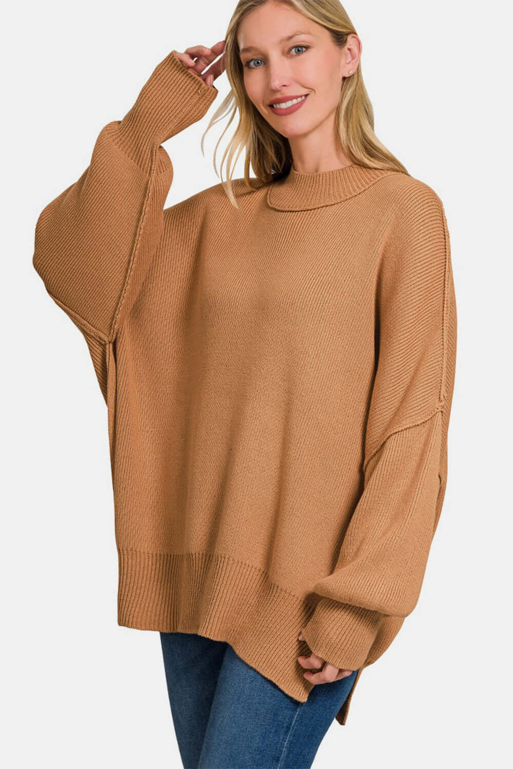 Female model wearing Deep Camel Zenana Oversized Sweater