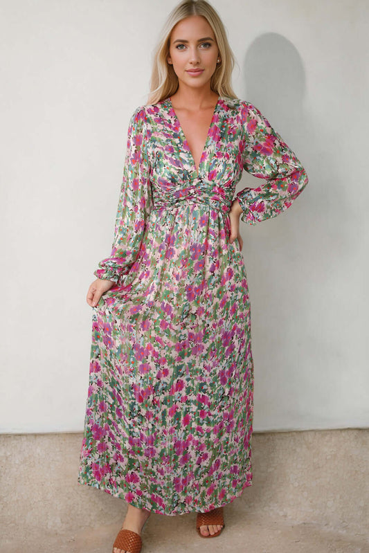 Female model wearing Floral Deep V Maxi Dress