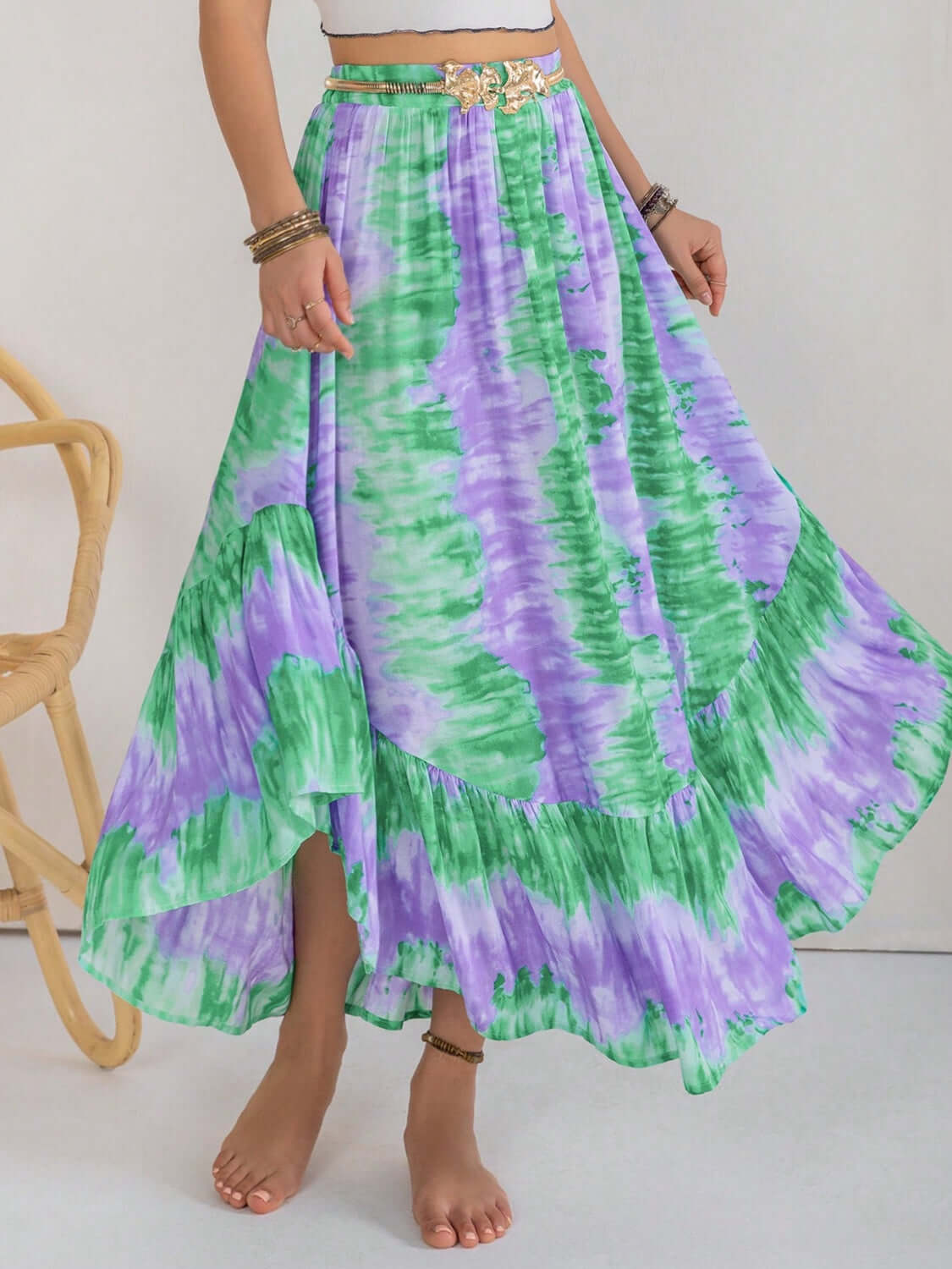 Female model wearing Green Tie-Dye Maxi Skirt Ruffle Hem 