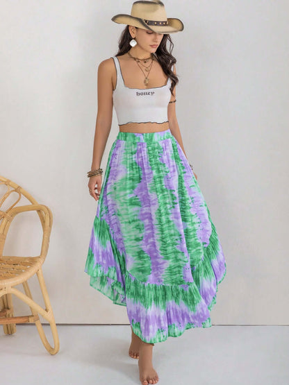 Female model wearing H.R.Z Green Tie-Dye Maxi Skirt Ruffle Hem