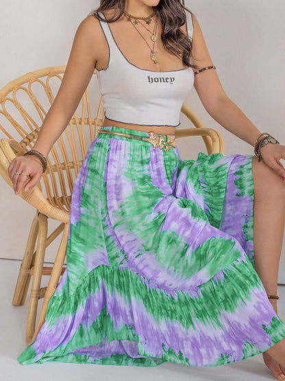 Female model wearing H.R.Z Tie-Dye Maxi Skirt Ruffle Hem Green