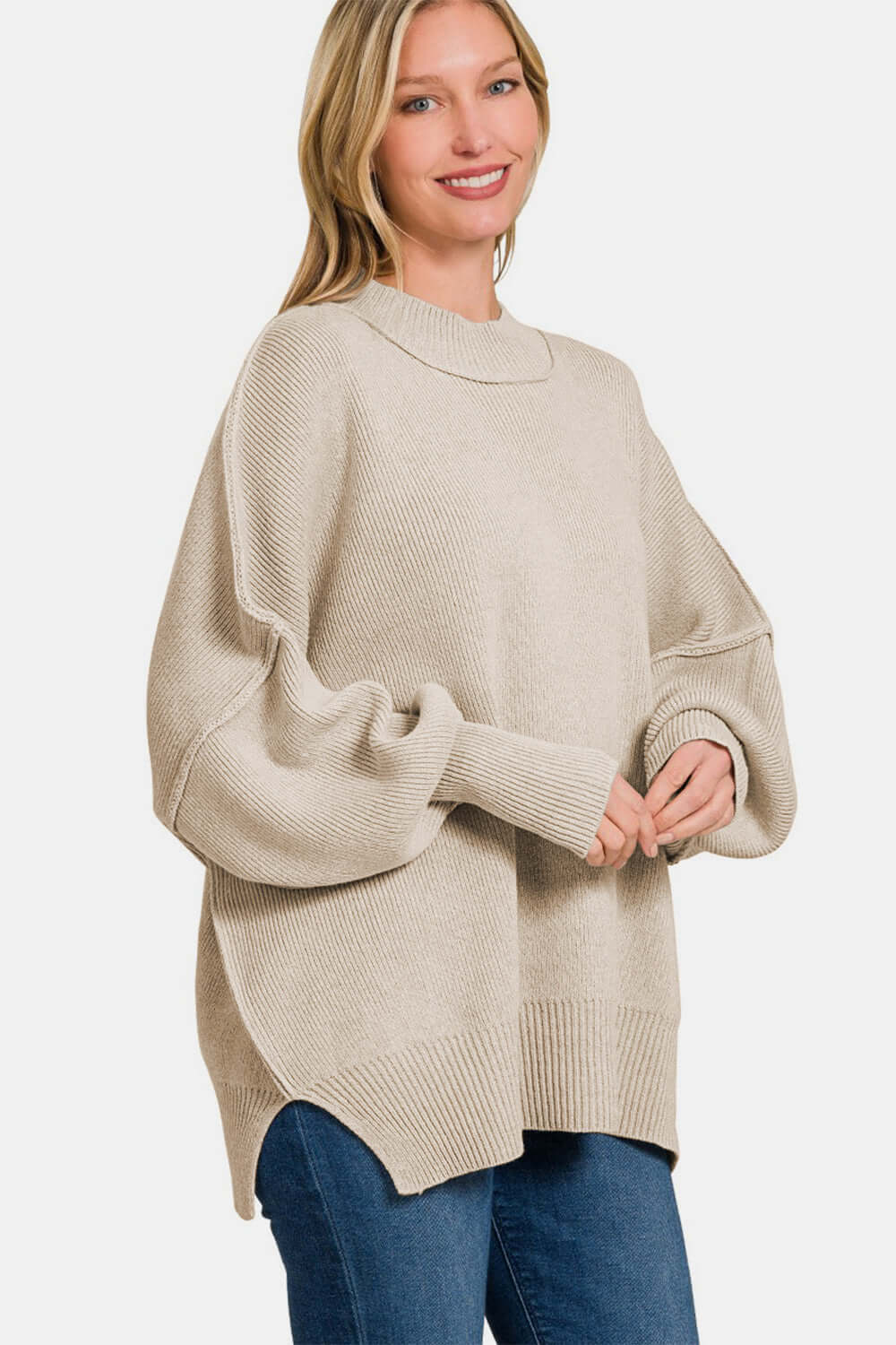 Female model wearing Zenana Oversized Sweater H Beige