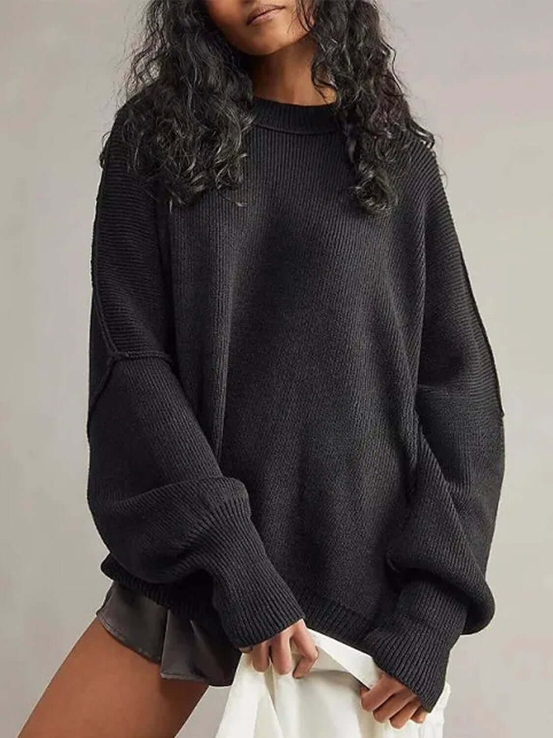 Female model wearing Knit Top Round Neck Long Sleeve Sweater Black