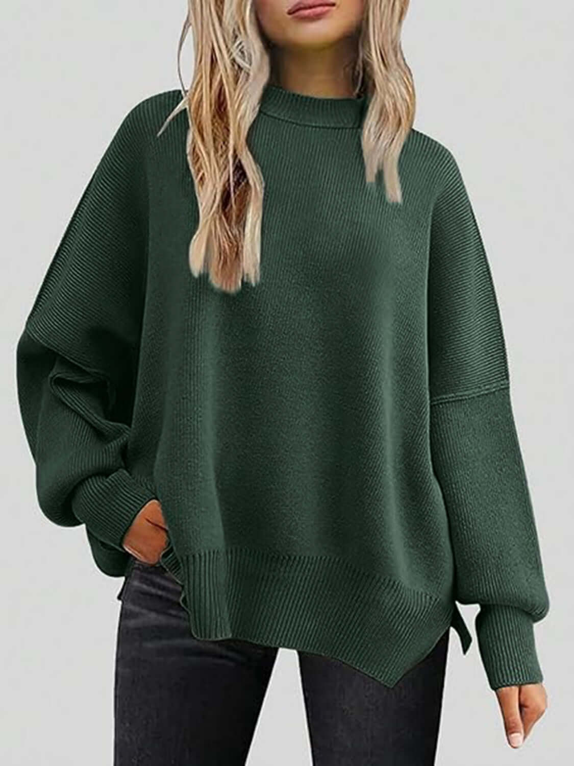 Female model wearing Knit Top Round Neck Long Sleeve Sweater Black Forest