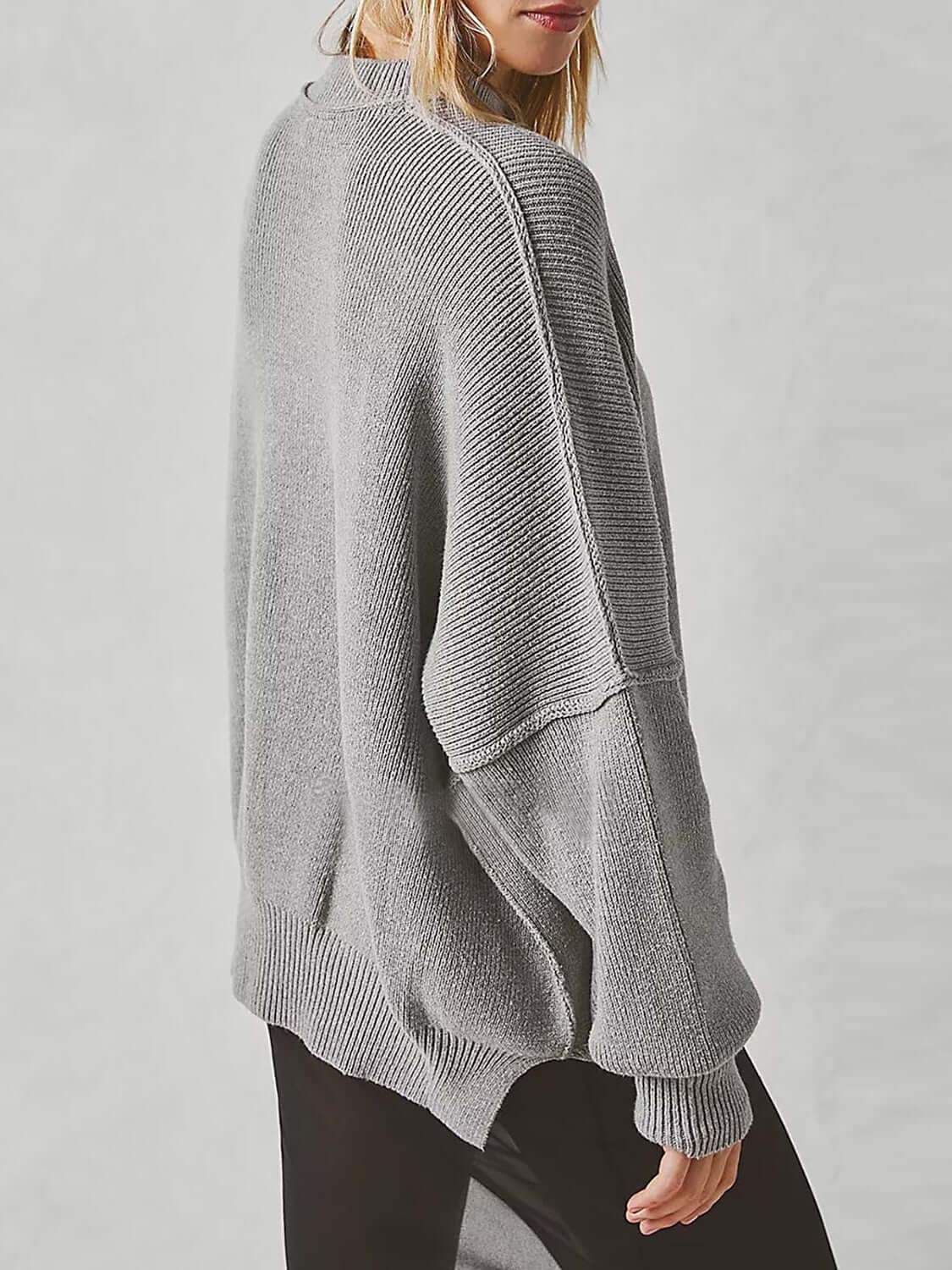 Female model wearing Knit Top Round Neck Long Sleeve Sweater Dark Gray