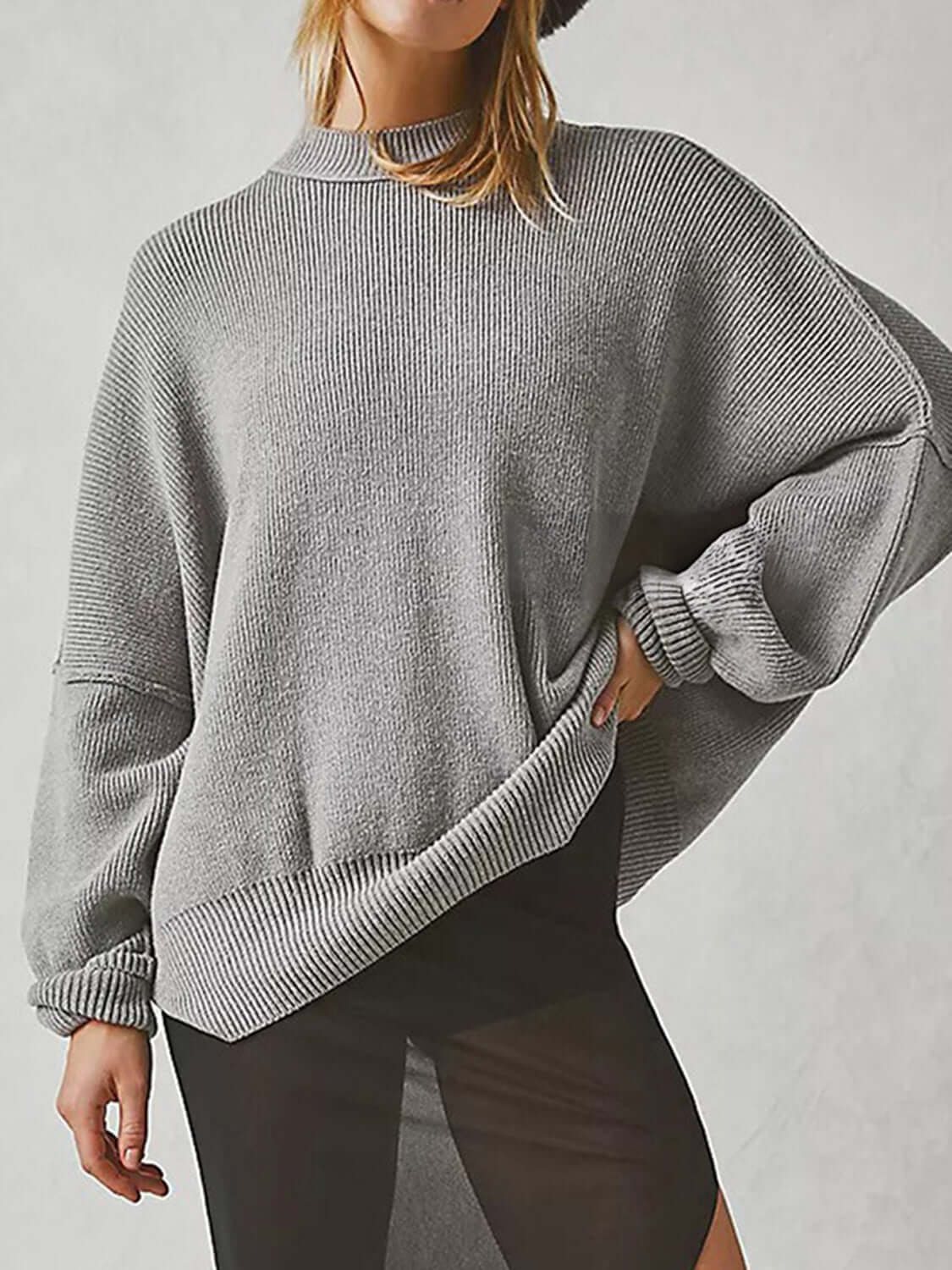 Female model wearing Knit Top Round Neck Long Sleeve Sweater Dark Gray by Saflore