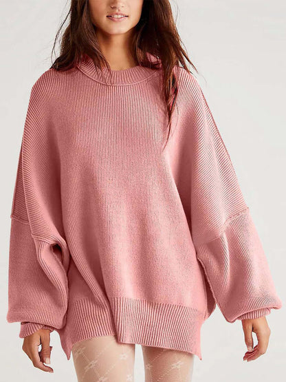Female model wearing Knit Top Round Neck Long Sleeve Sweater Dusty Pink