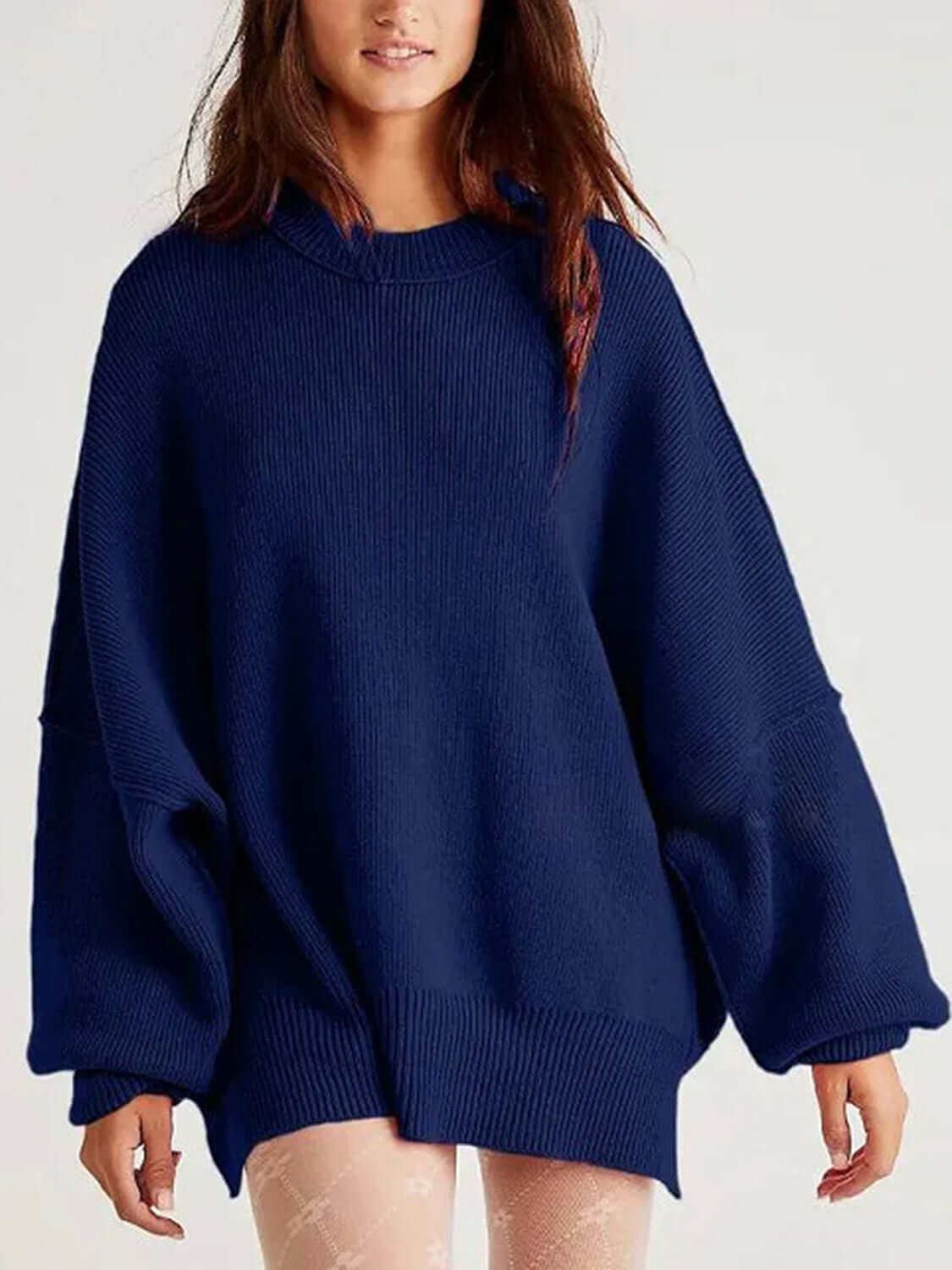 Female model wearing Knit Top Round Neck Long Sleeve Sweater Navy