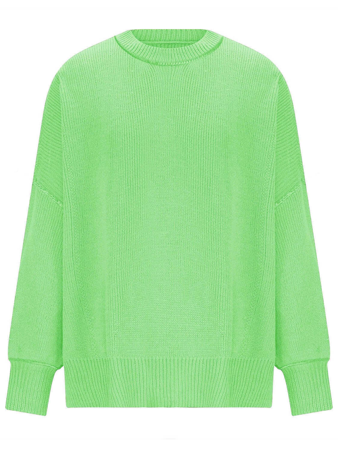 Knit Top Round Neck Long Sleeve Sweater Neon Green Product Image Front View