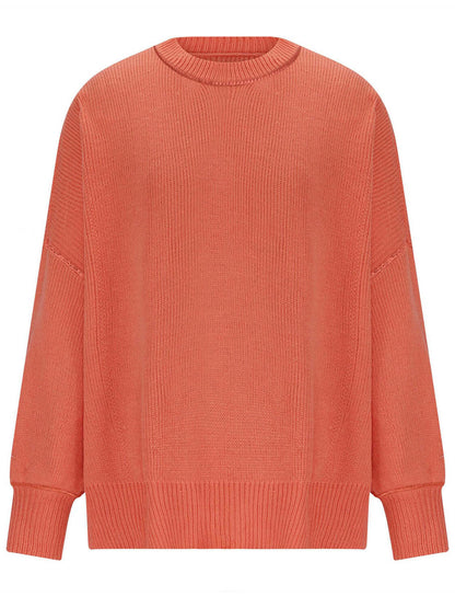 Knit Top Round Neck Long Sleeve Sweater Orange Red Product Image Front View