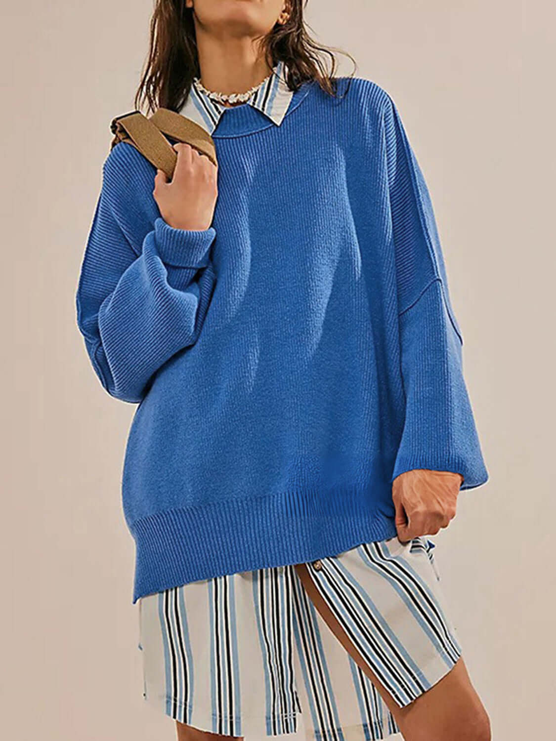 Female model wearing Knit Top Round Neck Long Sleeve Sweater Royal Blue
