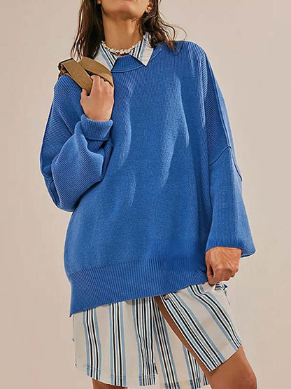 Female model wearing Knit Top Round Neck Long Sleeve Sweater Royal Blue