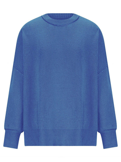 Knit Top Round Neck Long Sleeve Sweater Royal Blue Product Image Front View