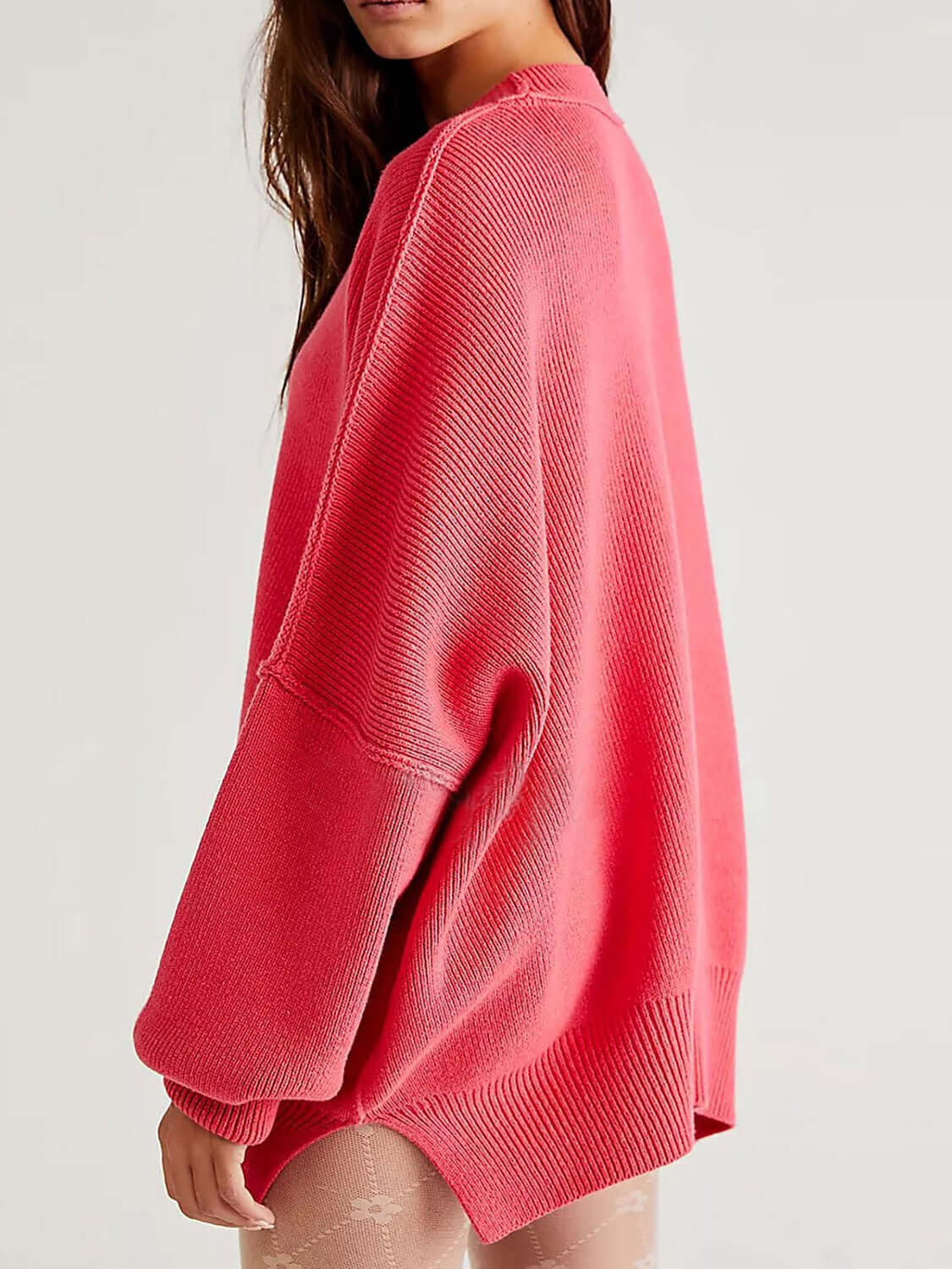 Female model wearing Knit Top Round Neck Long Sleeve Sweater Strawberry