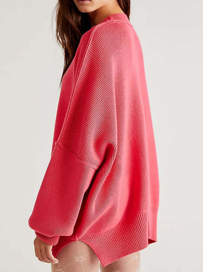 Female model wearing Knit Top Round Neck Long Sleeve Sweater Strawberry