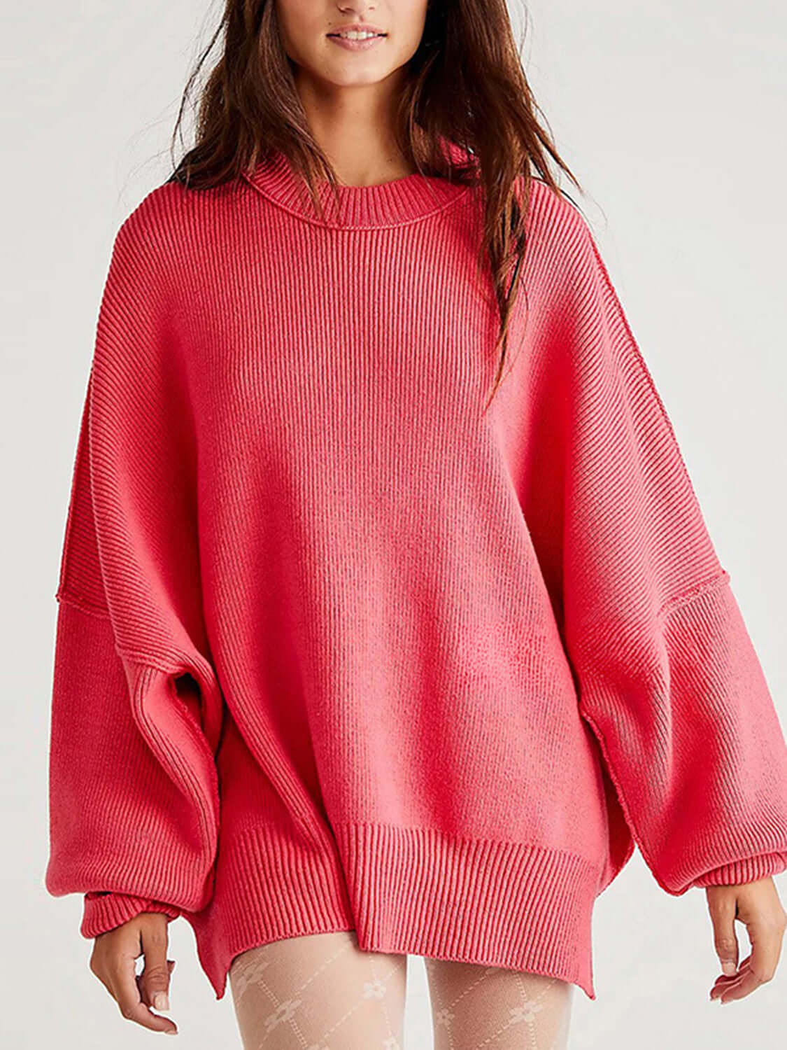 Female model wearing Knit Top Round Neck Long Sleeve Sweater Strawberry by Saflore
