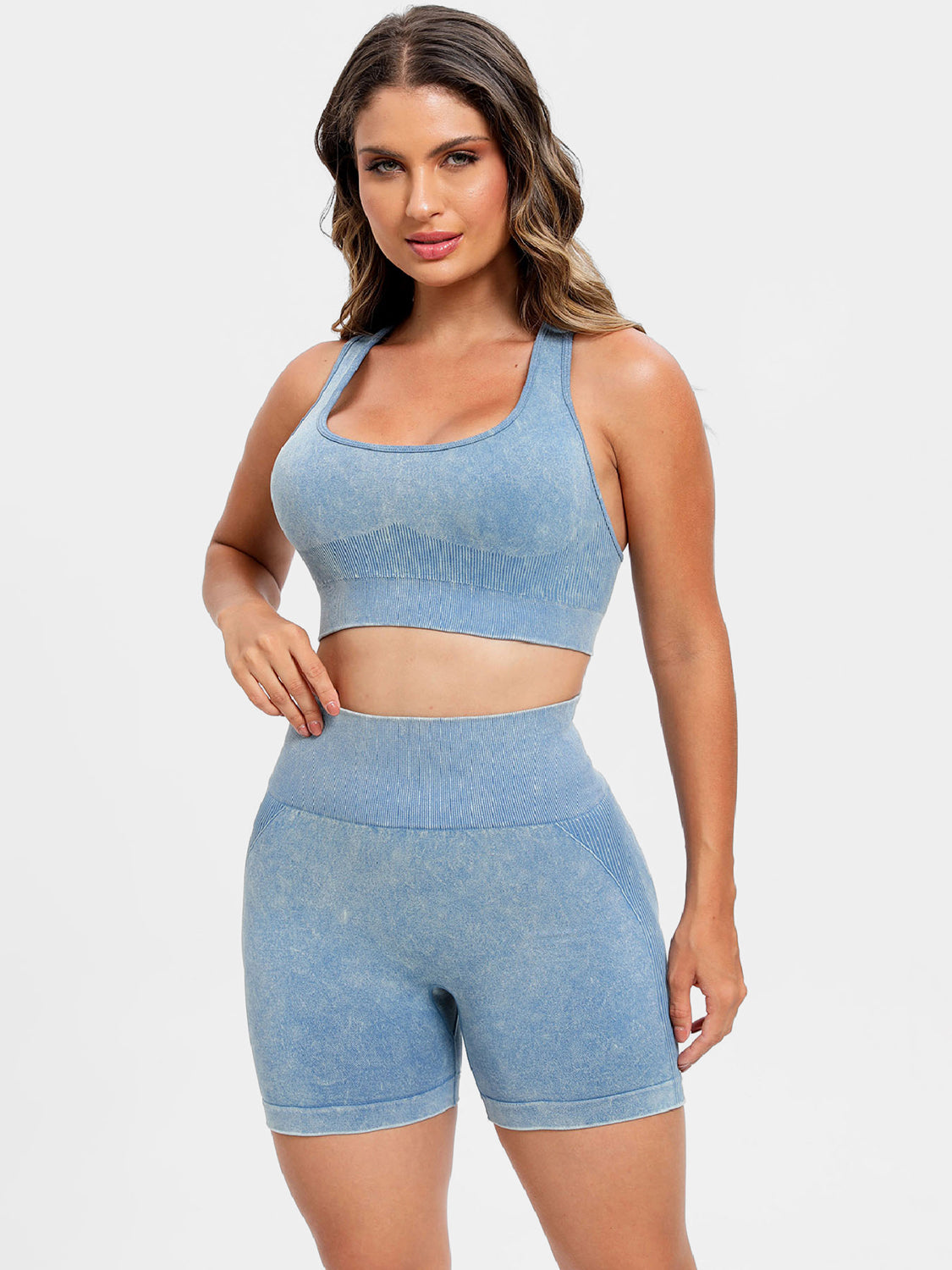 Female model wearing Light Blue Wide Strap Scoop Neck Sports Bra and Bike Shorts Active Set