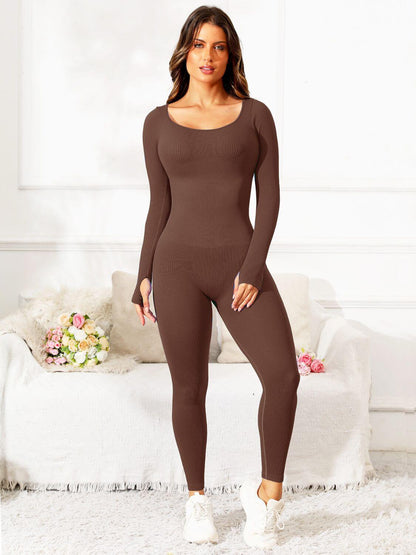 Female model wearing Long Sleeve Active Jumpsuit Scoop Neck Brown 