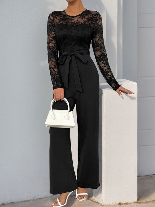 Long Sleeve Lace Jumpsuit Black featuring intricate lace detailing and a chic tied waist, perfect for chic events.