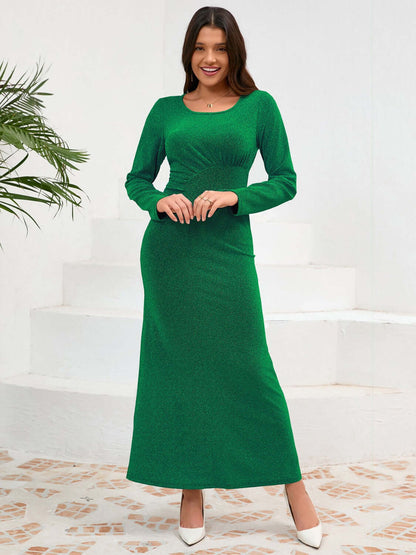 Female model posing wearing a Long Sleeve Maxi Dress Green