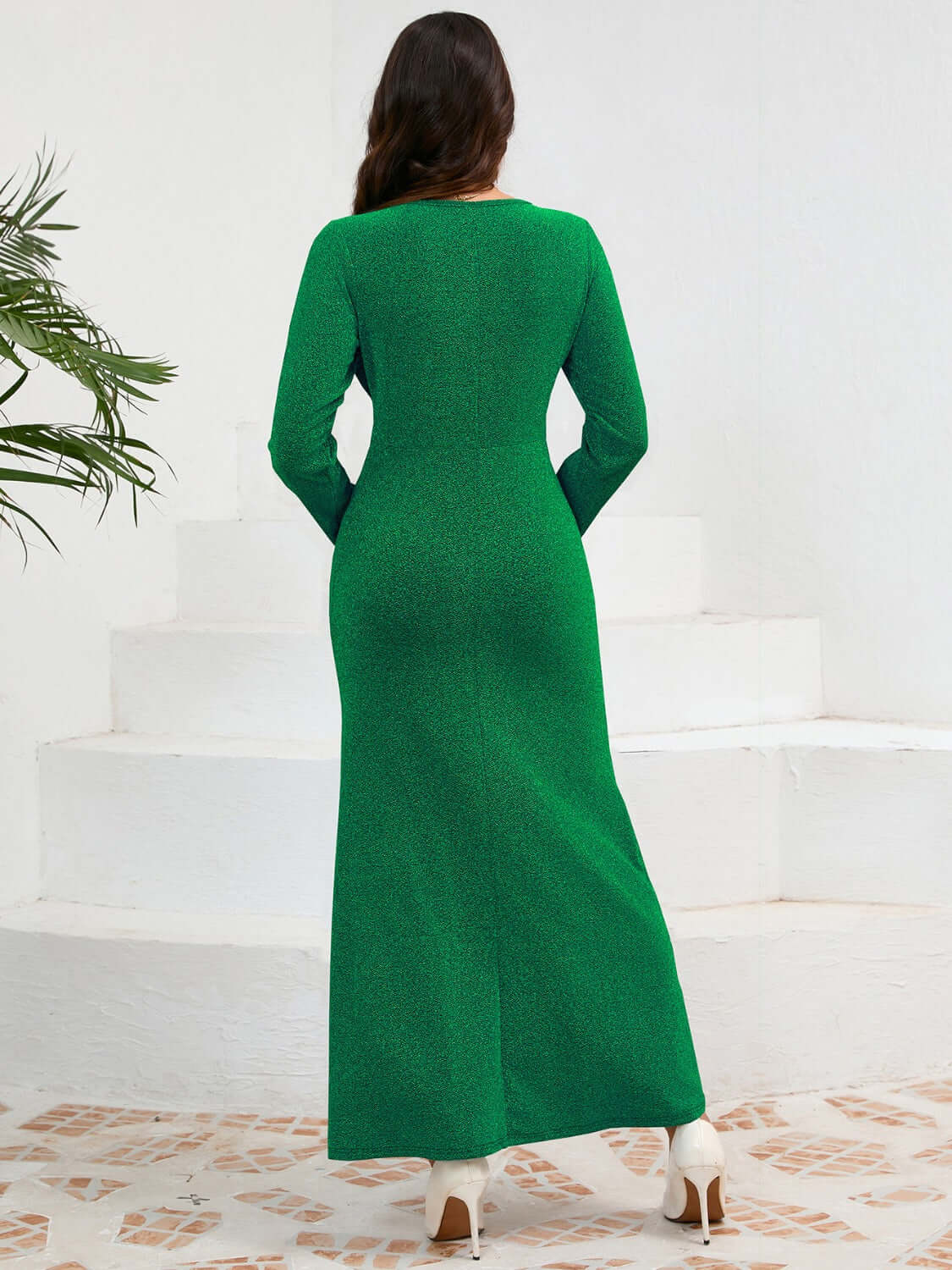 Female model facing backwards wearing a Long Sleeve Maxi Dress Green