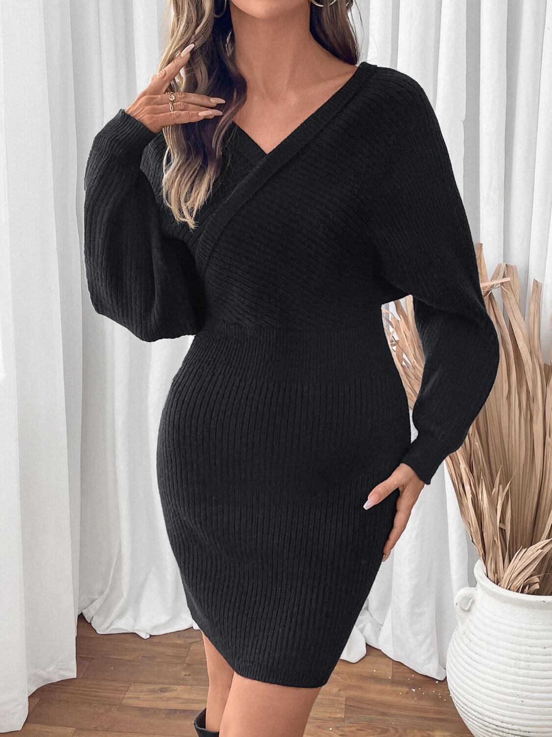 Long Sleeve Sweater Dress Black with a stylish V-neck and cozy ribbed texture, perfect for chic fall outfits.