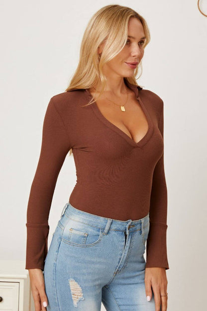 Female model wearing MDML V-Neck Long Sleeve Bodysuit Brown