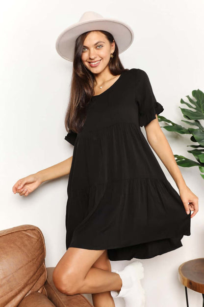 Female model wearing Mandy V-Neck Tiered Dress Flounce Sleeve Black