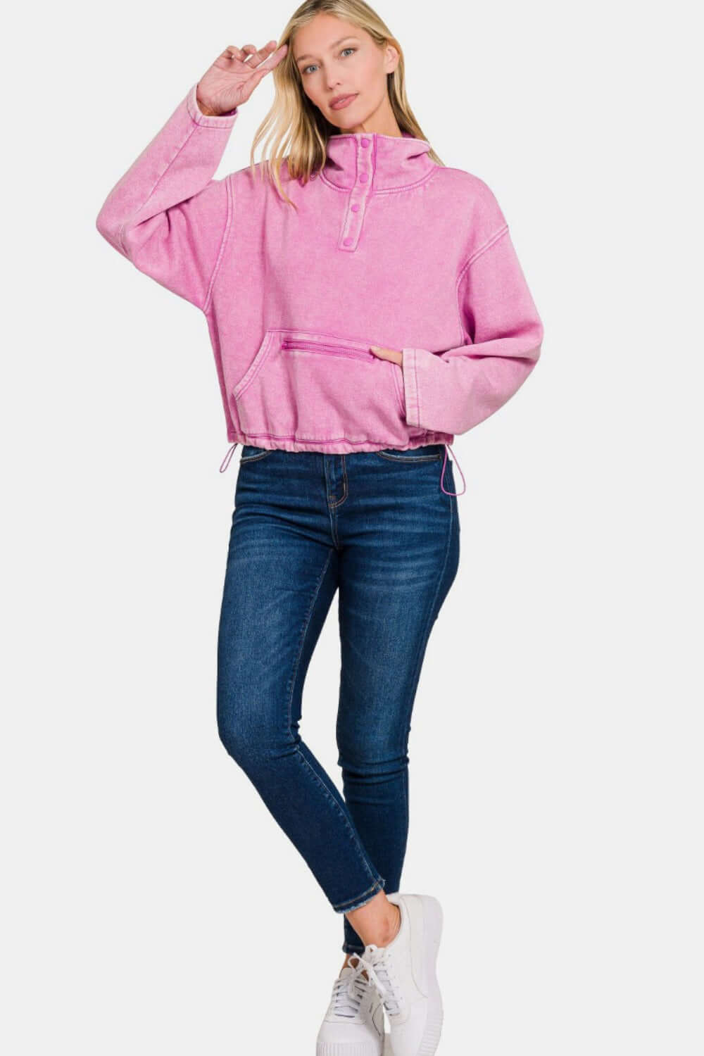 Female model wearing Zenana Acid Wash Sweatshirt With Pockets Fleece Half Snap Mauve