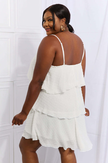 Plus size model facing backwards wearing a mini dress white plus size