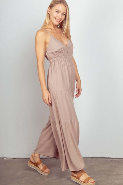 Female model wearing VERY J Sleeveless Wide Leg Jumpsuit Natural