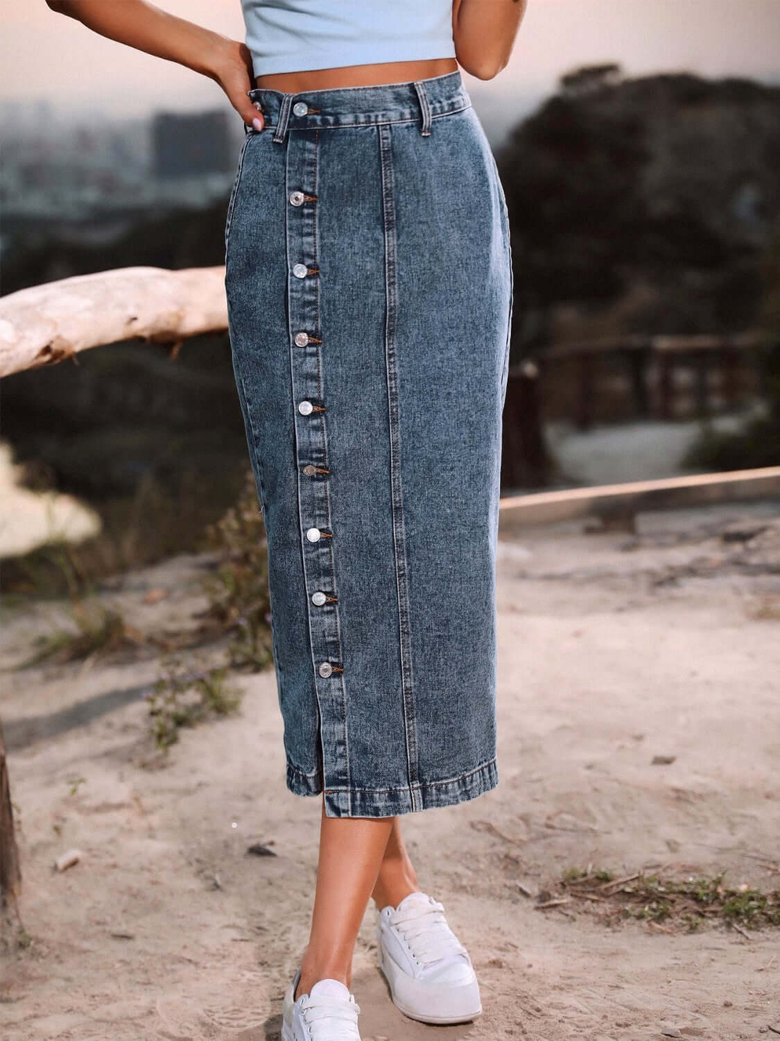 Female model wearing Navy Button Down Denim Skirt