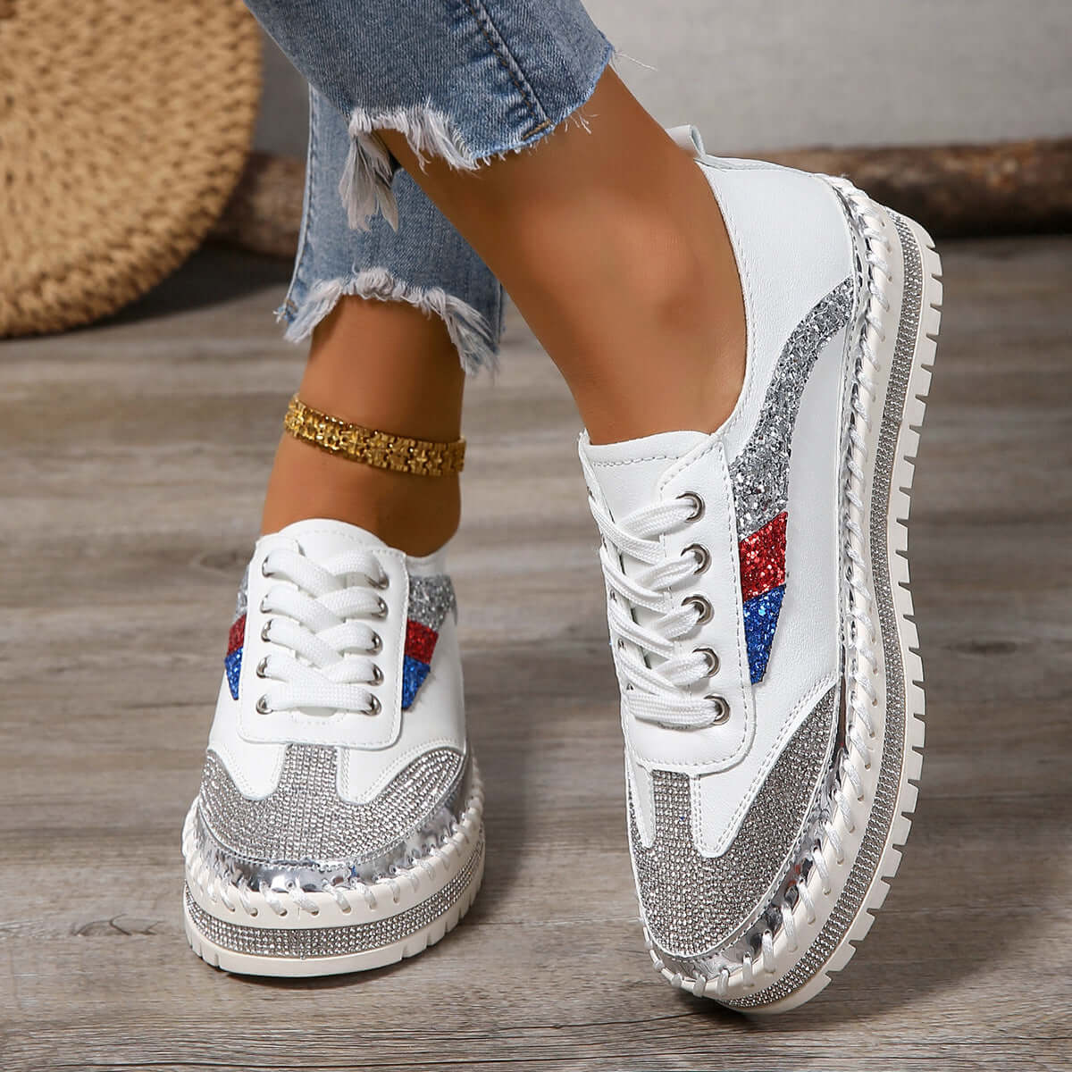 Stylish Rhinestone Sneakers in white with colorful accents, perfect for adding sparkle to any outfit.