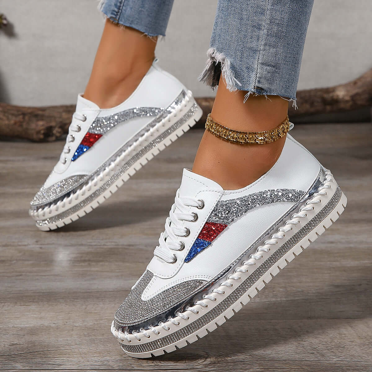 Rhinestone Sneakers featuring silver and colorful accents, perfect for combining comfort and style while sparkling.