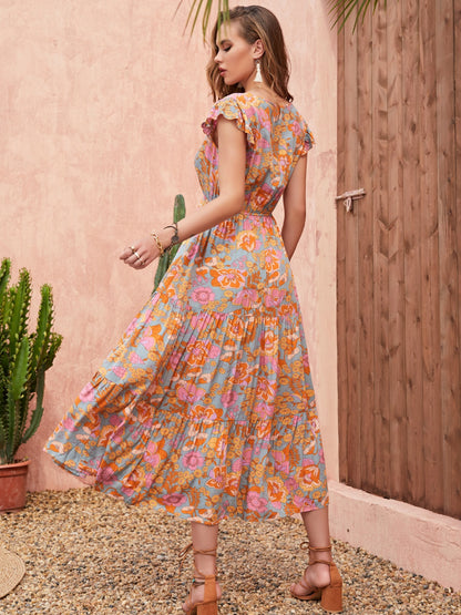 Woman wearing tiered maxi dress