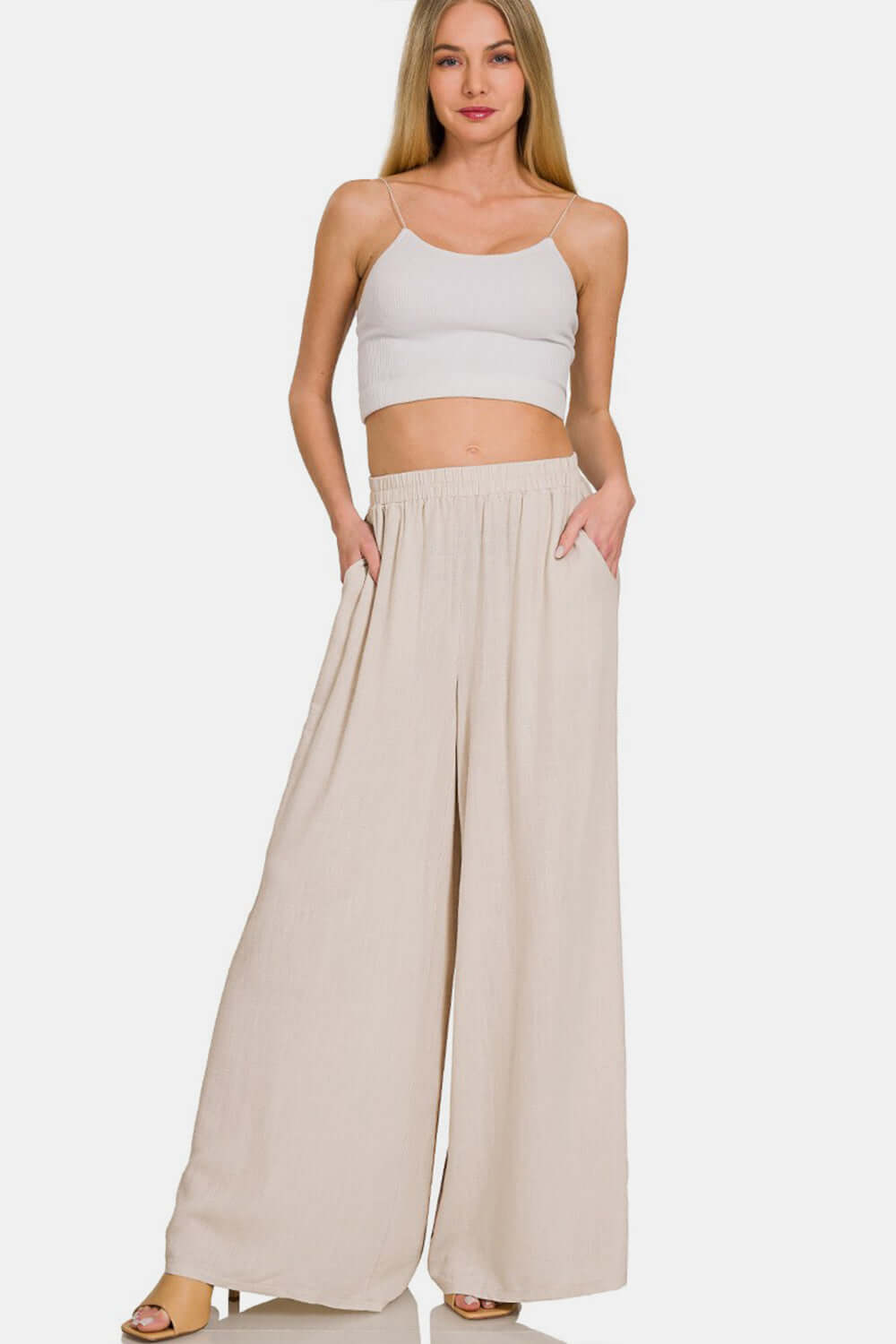 Female model wearing Sand Beige Zenana Linen Pants Wide Leg