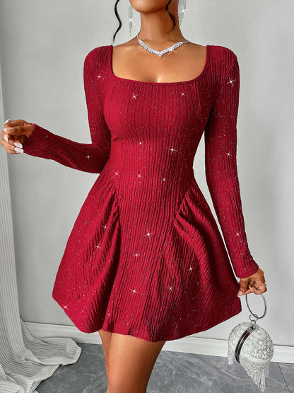 Shimmering Sequin Mini Dress Red with long sleeves and chic ruched design, perfect for parties and special occasions.